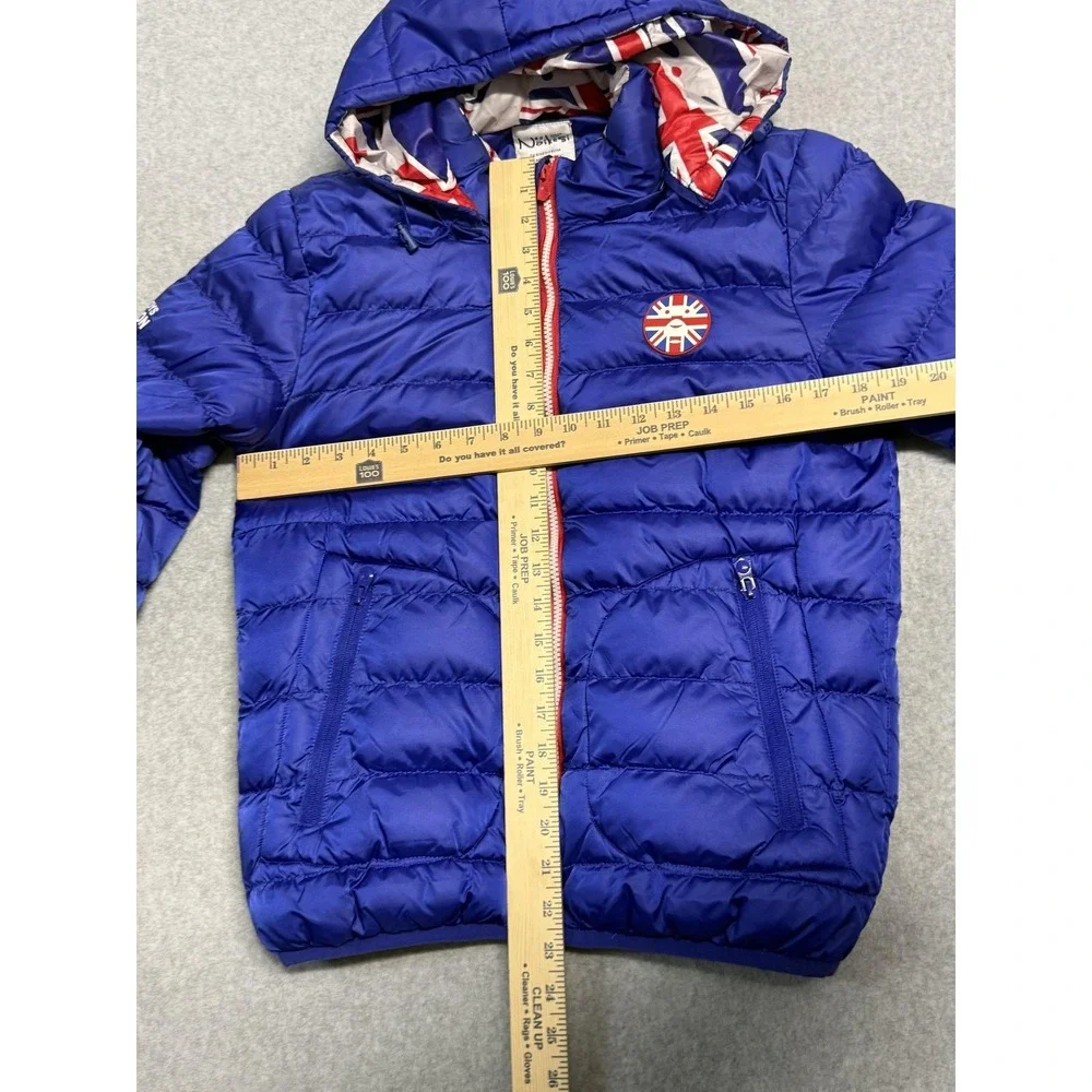Naissi Jacket Boys 12-13 Blue Hooded Puffer Union Jack Flag Lining Zip Pockets